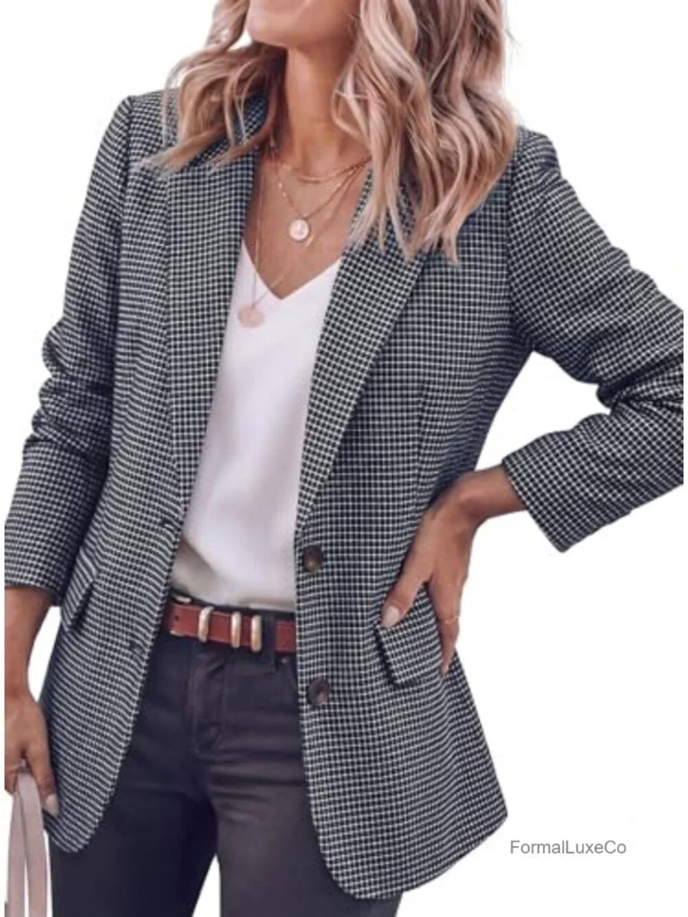Long Sleeve Plaid Houndstooth Notch Lapel Blazer Business Casual Work Suit